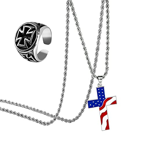 Lulonpon American Flag Patriotic Cross, Pendant Necklace Religious Jewelry, Cross Inlaid Ring, Baptism Christian Jewelry, Cross Ring, Cross Amulet Necklace, Flag Day Gift (Silver)