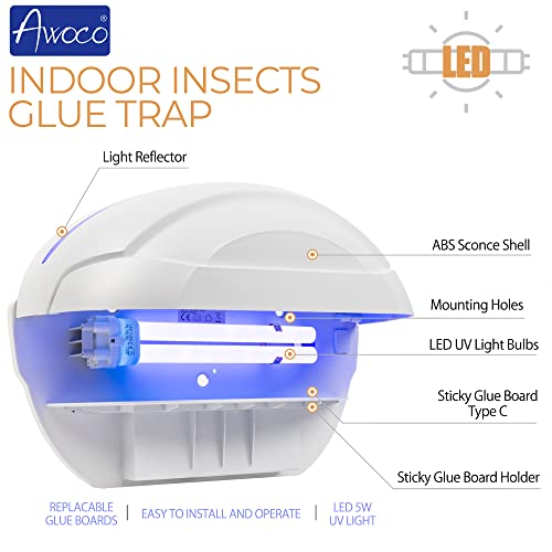 Awoco Led 5W Wall Mount Sconce Sticky Fly Trap Lamp For Capturing Flying Insects, Flies, Mosquitoes, And Moths (Fly Trap + 6 Glue Boards) #TOP2