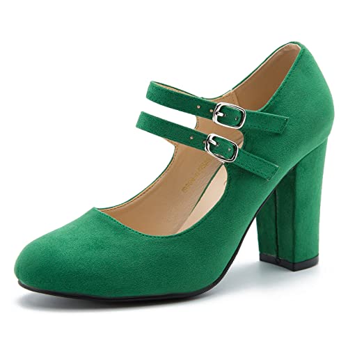 Women's Mary Jane Dress Shoes Double Strap Closed Round Toe Block High Heel Pumps Suede Green 28.16cm Insole - US 12