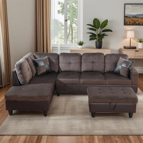 Trygoal 103.5" Sectional Couches for Living Room, Flannel 4 Seat L Shaped Couch with Chaise, 3-Piece Modular Sofa with Storage Ottoman, Home Furniture Sets for Apartment Office, Dark Brown