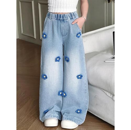 Girl's Adorable Floral Elastic Waist Wide Leg Denim Pants for Ages 10-122