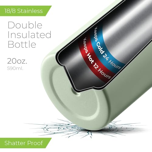 Image of SipX 20 oz Stainless Steel Insulated Water Bottle with Leakproof Lid & Carry Hook - Triple Insulated - Cold 24 Hours /Hot 12 Hours - Perfect for Gym, Work, Sports, Travel - Green