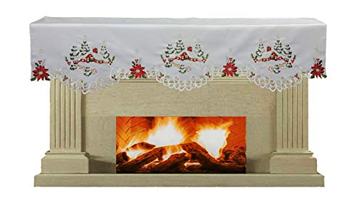 Creative Linens Holiday Christmas Mantel Scarf 19x70 Embroidered Red Poinsettia Christmas Tree Snowy Cabin Winter Fireplace Decoration White