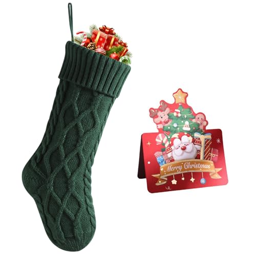 Image of meioro Christmas Stockings, 46cm Large Knit Christmas Stocking, Fireplace Hanging Stockings Holders for Kids Holiday Family Party Decoration, Knitted Xmas Stocks with Greeting Card (Green, 1 Pcs)