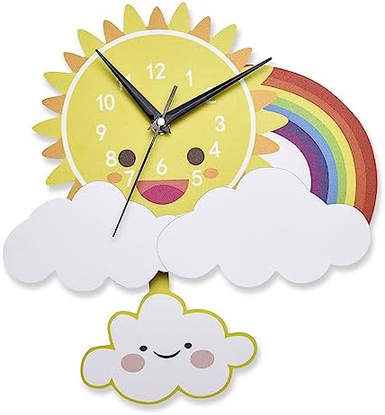 CHILDLIKE BEHAVIOR 3D Cartoon Sun & Cloud Wall Clock - Silent Decal Hanging Clock - Decoration for Living Room, Playroom, Nursery, Kids Room - Teach Kids How to Read Time - Easy to Read