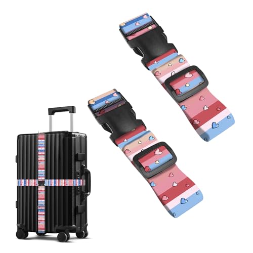 Image of Nuxovilar Luggage Straps Set for Suitcase 1.96x71in Polyester | Cargo Strap Travel Belt Security Buckle Band Romantic Trip Holiday Journey Airport (Hearts on Stripes)