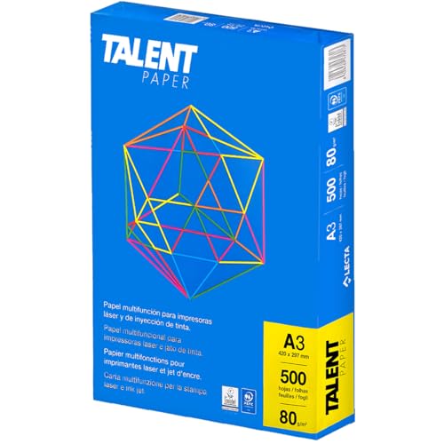 Talent Paper Carta A3 Premium 80gr - Confezione da 1 risma da 500 Fogli - ideale per tutte le Stampanti e Fotocopiatrici da ufficio e casa - bianca