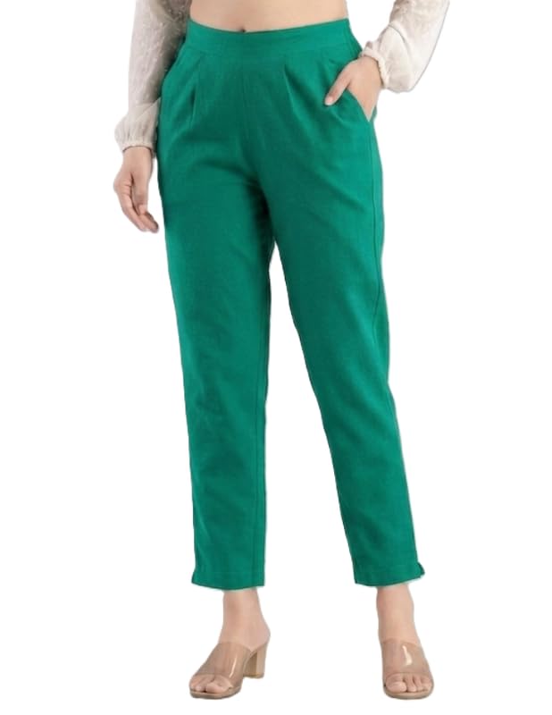 Image of Solid Cotton Woman Trousers Pants Regular Fit Kurti Pant with Drawstring Daily Office Formal Casual Use