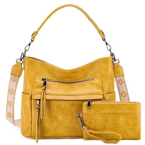 Hobo Bag for Women,VASCHY Medium Vegan Leather Shoulder Purse Handbag Wallet Set Tote Bag with Vintage Crossbody Guitar Strap Yellow by VASCHY - Used condition - CA$27.49