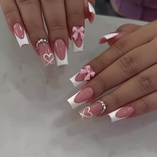 Pink Press on Nails Medium Coffin Fake Nails White French Tip Nails with 3D Bow Charms Design Glue on Nails Heart Acrylic Nails Rhinestone Full Cover Stick on Nails for Women Manicure 24Pcs