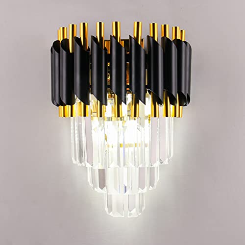 Image of FRIXCHUR Black Crystal Wall Light Modern Wall Sconce Indoor Wall Lamp for Bedroom Living Room Hallway Staircase Bathroom 2X E14 Base
