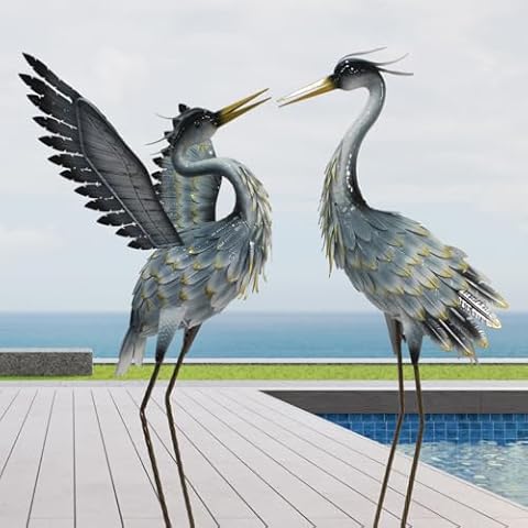 Oritty Crane Statues for Garden Decor, Bird Yard Art Coastal Ocean Decor, Outdoor Heron Garden Animal Sculptures for Backyard, Yard, Patio, Porch, Gray Cover