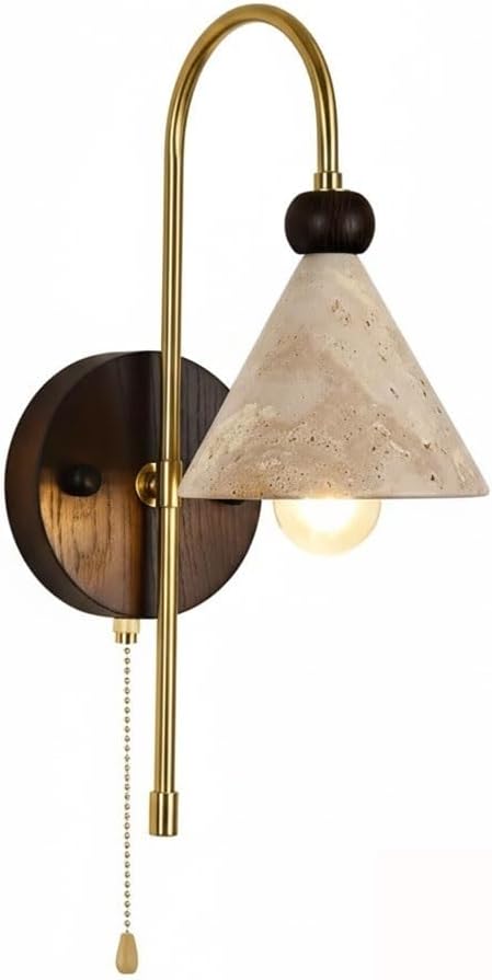 Retro Yellow Travertine Wall Sconce, Brass Gooseneck Arm Wall Light with Pull Chain,Cone Shade Bedside Wall Lamp for Bedside Reading, Living Room, Tea Room, Hallway Parlor