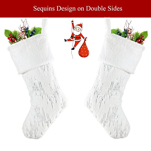YOSICHY 18” Christmas Stockings White Plush Faux Fur with Glitter Silver Sequins Snowy Xmas Hanging Stocking for Holiday Party Décor Pack of 2 - Thumbnail 2