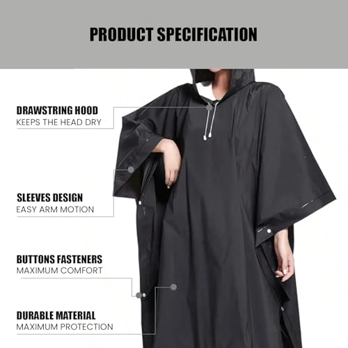 Image of ORILEY EVA Raincoat Poncho 70 GSM with Adjustable Hood Full Sleeves Knee Length Unisex Universal Size Water Resistant Outdoor Rainwear for Bike Riders Men and Women (Pack of 1, Black)