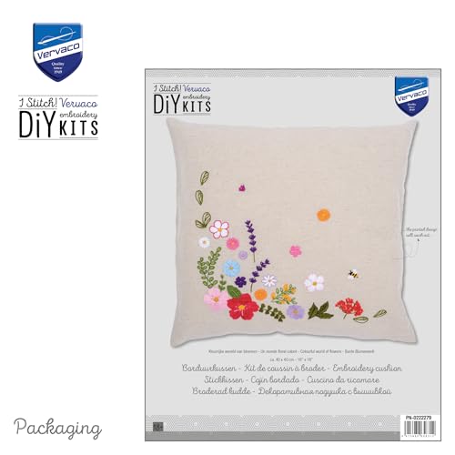 VERVACO Embroidery Kit Pre-Printed Cushion Embroidery Set Beginners Colourful World of Flowers Embroidery Set Cushion Cover with Zip Decorative Cushion Approx. 40 x 40 cm DIY Deco Craft Set Home - Image 3