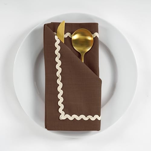 Image of FINGERCRAFT Cloth Napkins Set of 6, 18x18 Inch, 100% Cotton Table Napkins with RIC Rac Scallop Lace Trim, Reusable Washable Dinner Napkins for Wedding, Party, Dining & Home Decor (Chocolate)