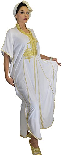 Moroccan Caftans Women Butterfly Hand Made With Gold Embroidery Long One Size White #TOP4