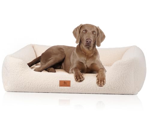 Knuffelwuff Lit orthopédique pour chien, en matériau Teddy douillet, Wollekopp M-L, 85 x 63 cm, beige, housse amovible, lavable, pour chiens de grande,...