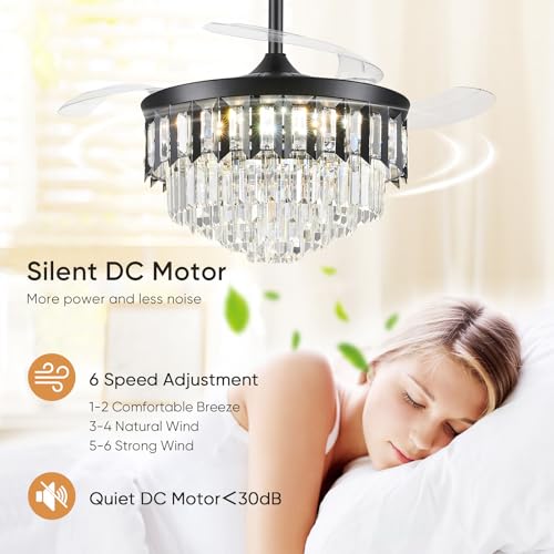 TXCSLY 48" Fandelier Ceiling Fan with Light, Crystal Chandelier Fan with Retractable Blades Dimmable Crystal Ceiling Fan Chandelier for Bedroom Living Room Dining Room-Black by TXCSLY - Image 2