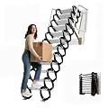 980 LBS Foldable Attic Ladder, Stainless Steel Attic Stairs with Handrail, Wall-Mounted Retractable Ladders, 12-Steps Attic Stairs Pull Down System, 10-12FT Loft Ladder (SS-Alloy)
