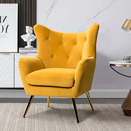 Velvet Accent Chair, Modern Wingback Arm Chair With Metal Gold Legs, Velvet Tufted Upholstered Single Sofa Chair For Living Room Bedroom, Dining Room Accent Arm Chairs Club Guest Chair (Mustard) #TOP2