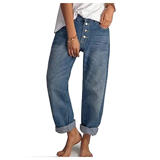 Jeans Dam Jeans Med Hög Midja Skinny Slim Fit Stretchficka Wide Leg Jeans Button, Dam Jeans Byxor Straight Fit Jeansbyxor, Dam Jeans (Color : Blue, Size : S)