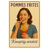 AstraDesign Blechschild „Pommes Frites“ 20x30 cm, Beige/Rot – wetterfest, rostfrei, mit vorgebohrten Löchern – Küchendeko für Imbiss, Foodtruck, Restaurant/Bistro – einfache Montage