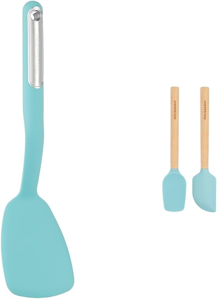 KitchenAid Short Turner and Bamboo Wood Handled Mini Spatula Set with Silicone Head, Aqua Sky