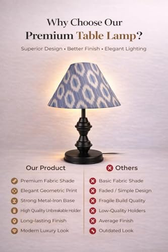 Image of tu casa Modern Table Lamp with Crimson Floral Satin Shade | Metal Iron Base Decorative lamp for Living Room| Designer Table Lamp for Gifting (Indigo ikkat Glow)
