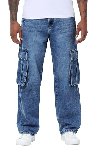 MZNBURAM メンズ ノンストレッチ ルーズフィット ワイドレッグ バギー カーゴ ジーンズ パンツ, A#ミディアムブルー。, 40の商品画像（Amazon）