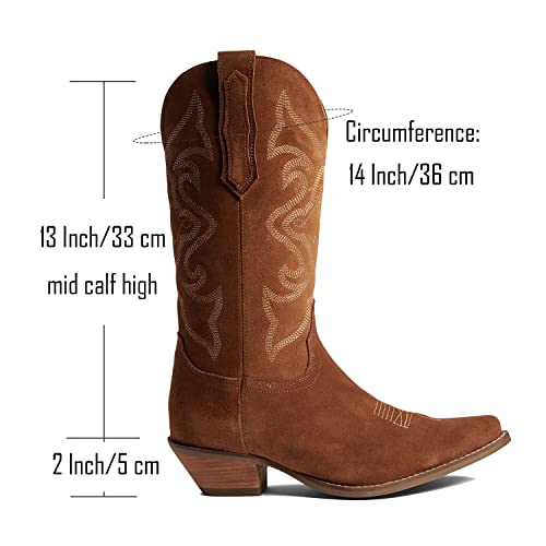 Image of LEHOOR Cowboy Boots Women Embroidered Mid Calf Western Boots Stacked Low Heel Pointed Toe Pull On Cowgirl Boot 4-11 M US