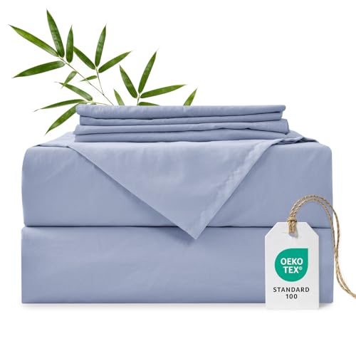 MCO Cooling Full Sheet Set, Rayon Derived from Bamboo Sheets, Luxury & Silky Bedding Set with 16" Deep Pocket (Full, Mineral Blue)