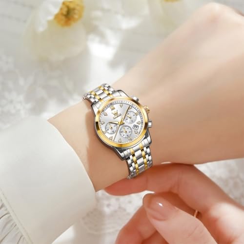 Image of OLEVS Women Watch Multifunctional Two Tone Watch Fashion Business Analog Quartz Ladies Watch Stainless Steel Waterproof Diamond Watch for Women