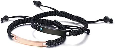 MJartoria Personalized Couples Bracelets, Custom Matching Bracelets for Couples His and Hers, Handmade Rope Braided Rhinestone, Stainless Steel Bracelets for Wife Husband