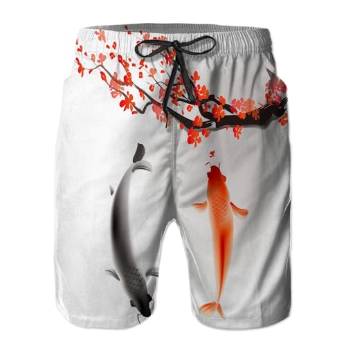 Mens Swim Trunks with Mesh Lining,Koi Fish Couple Swimming with Cherry Blossom Quick Dry Swimsuit Board Shorts Beach Pants Swimwear Bathing Suits S