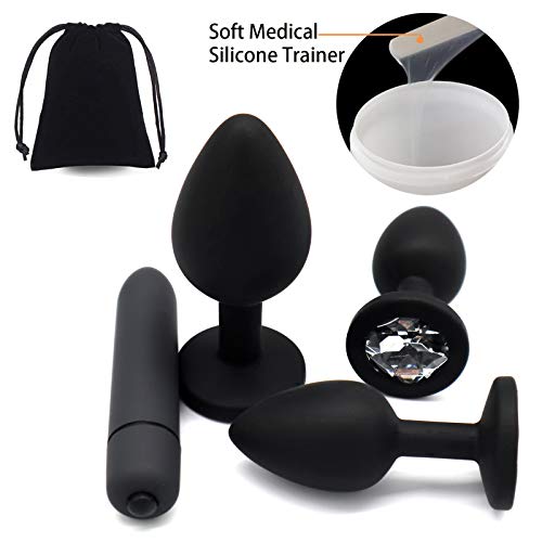 Vibrating Anal Plug, 4Pcs Anal Sex Toys Soft Silicone Massager Trainer Kit Anales Plug Toys For Beginners (4Pcs Black) #TOP1