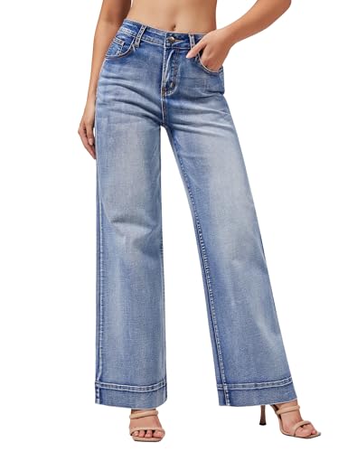 roswear Women's Wide Leg Jeans Casual High Waisted Stretchy Baggy