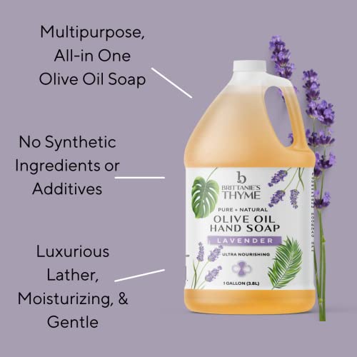 Brittanie's Thyme Organic Olive Oil Castile Liquid Soap Refill, 1 Gallon Lavender | Made With Natural Luxurious Oils, Vegan & Gluten Free Non-Gmo, For Face, Body, Dishes, Pets & Laundry #TOP2