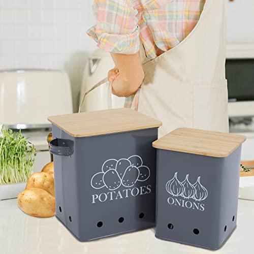 Image of Kitchen Vegetable Storage Tins Set of 2 for Potatoes, Onion, with wooden lid Garlic Bin Caddy, Long Shelf Life-Grey