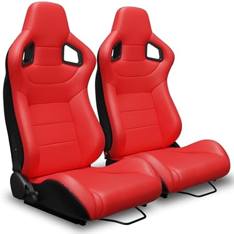 2 Pcs Adjustable Universal Racing Seats with Double Sliders, Reclinable Carbon Back and PVC Leather Bucket Seats, 1 Pair of Sport Seats for Vehicles (Red) Cover