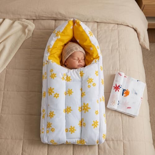 Image of 3-in-1 Baby Sleeping Bag & Carry Nest - Yellow Unisex Baby Nest + 100% Cotton Swaddle Wrap 0-3 Months, Orange Daisy Design - Skin-Friendly, Breathable, Multi-Purpose Bedding Set for Newborns