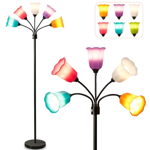 GyroVu Medusa LED Floor Lamp, Multi Head Modern Tall Lamp with Adjustable Gooseneck Standing Lamps Led Tall Lamp for Living Room Bedroom Kids Room Office 6 Color Lampshades Bulb Not Included Black