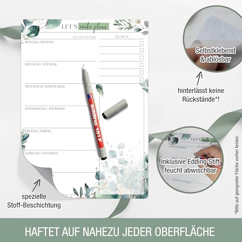 TOBJA Essensplaner Woche abwischbar inkl. Markenstift | Haftet auf allen Oberflächen, wieder ablösbar | Wiederverwendbarer Menüplaner, Speiseplan, Meal Planner (inkl. Markenstift)