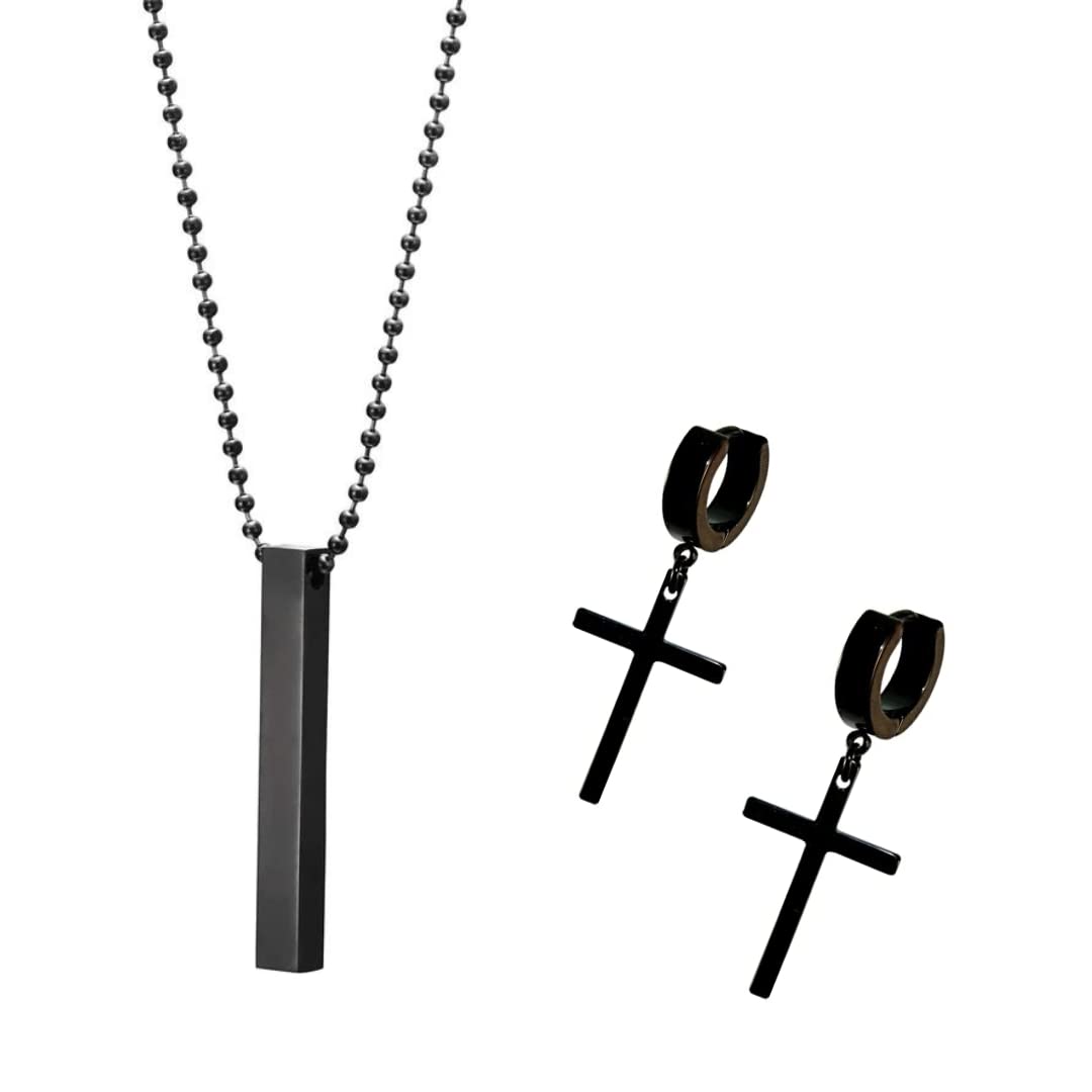 Trendy Black Jesus Cross Earrings With Black Cuboid Rectangle Neck Pendant For Boys And Men (Pack Of 2)-image-46