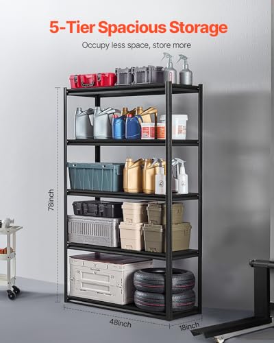 Image of VEVOR Storage Shelves, 3000 lbs, 5 Tier Garage Storage Shelving, 18 inch D x 48 inch W x 78 inch H Adjustable Metal Shelves for Garage Shelves Utility Rack Shelf, Ideal for Kitchen, Warehouse, Basement, Black