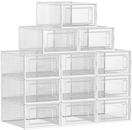 SONGMICS Shoe Boxes, Pack of 12 Stackable Shoe Storage Organisers, Foldable and Versatile for Sneakers, Fit up to UK Size 10.5, Transparent and White LSP12SWT