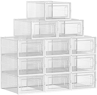 SONGMICS Shoe Boxes, Pack of 12 Stackable Shoe Storage Organisers, Foldable and Versatile for Sneakers, Fit up to UK Size 10.5, Transparent and White LSP12SWT