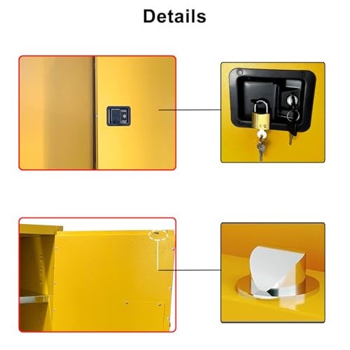 43\" x 18\" x 65\" Steel Flammable Liquid Cabinet, Industry Safety Storage, 45 Gal Flammable Safety Cabinets with 2 Adjustable Shelves 2 Manual Doors for Industrial Use, Yellow, Cold Rolled Steel - Thumbnail 6