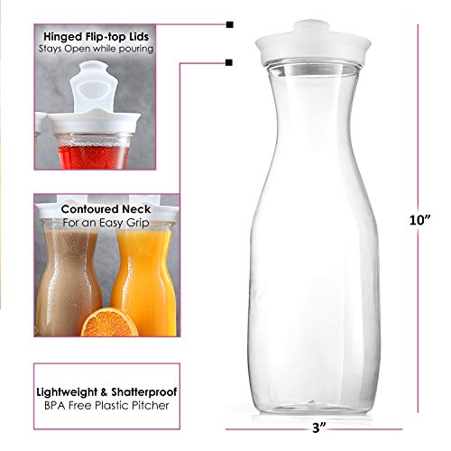 Plastic Carafe Water Pitcher - Carafes for Mimosa Bar - Clear Juice Containers with Flip Top lids - Narrow Neck Easy Grip Wide Mouth - Party juice carafe – BPA Free – Not Dishwasher Safe(6 Pack 32 Oz)